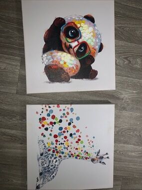Colorful Panda and Giraffe Canvas Pair